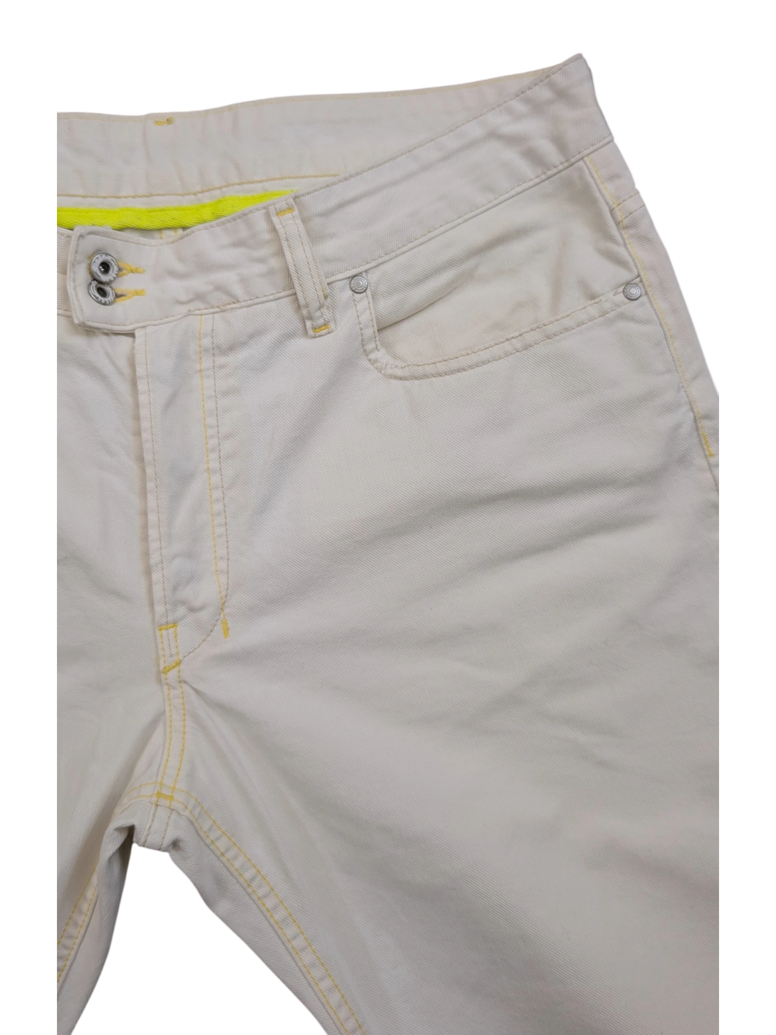 JAKE & IPI Diesel Rabox white denim jeans with yellow stitching and neon yellow waistband detail. W34 L32.