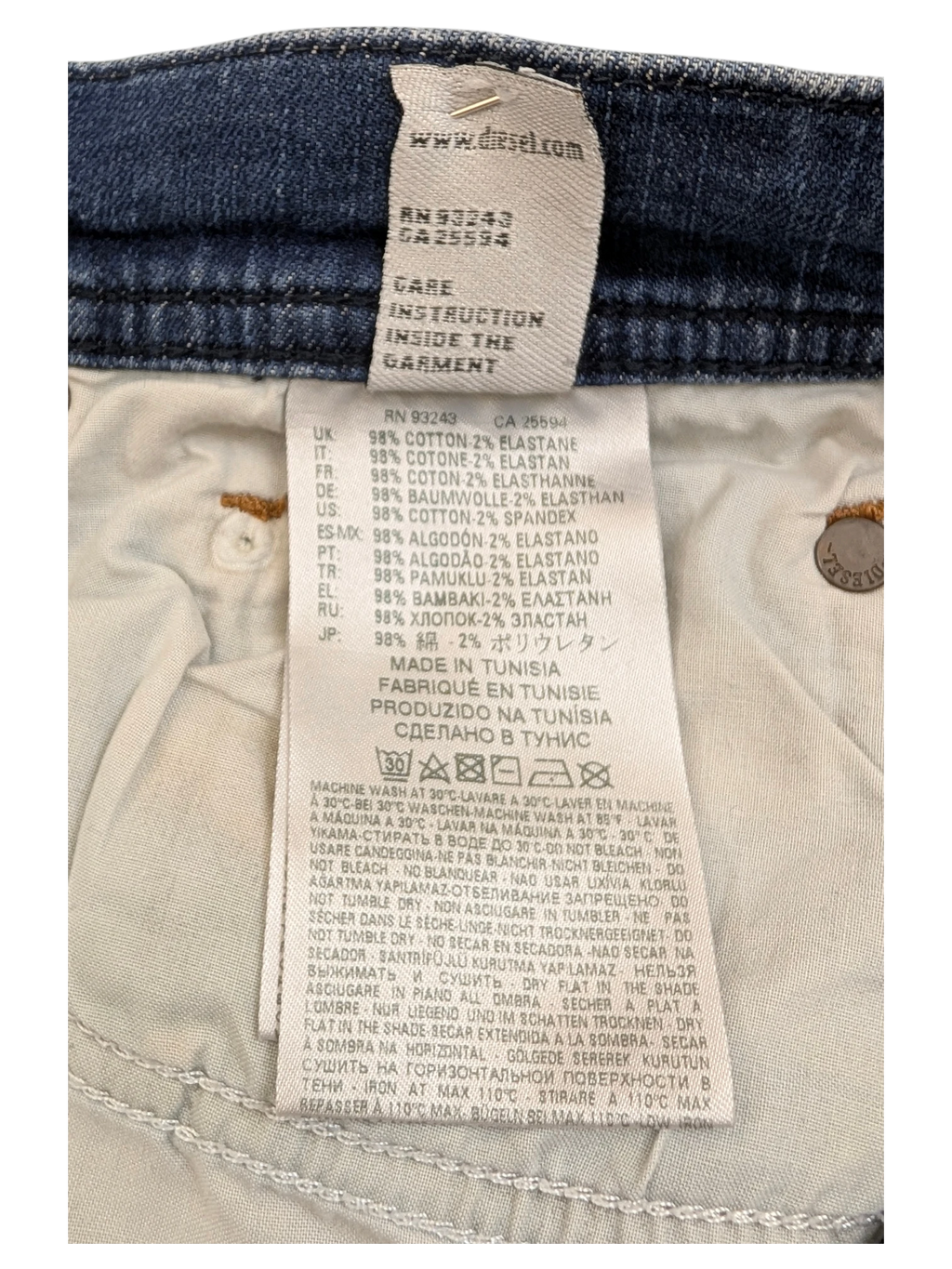 JAKE & IPI Diesel Tepphar jeans, blue denim, 98% cotton, 2% elastane. Care label visible.