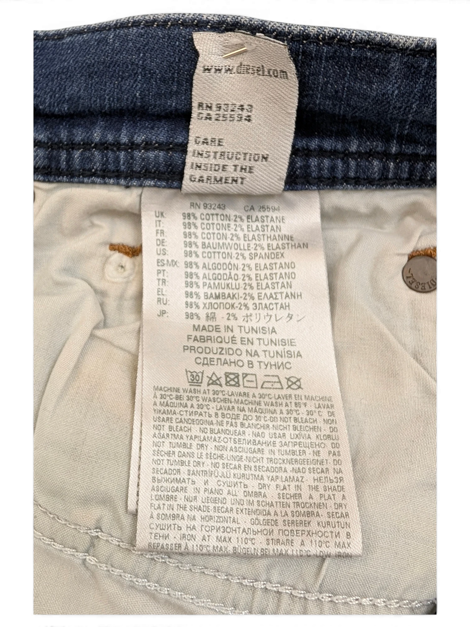 JAKE & IPI Diesel Tepphar jeans, blue denim, 98% cotton, 2% elastane. Care label visible.