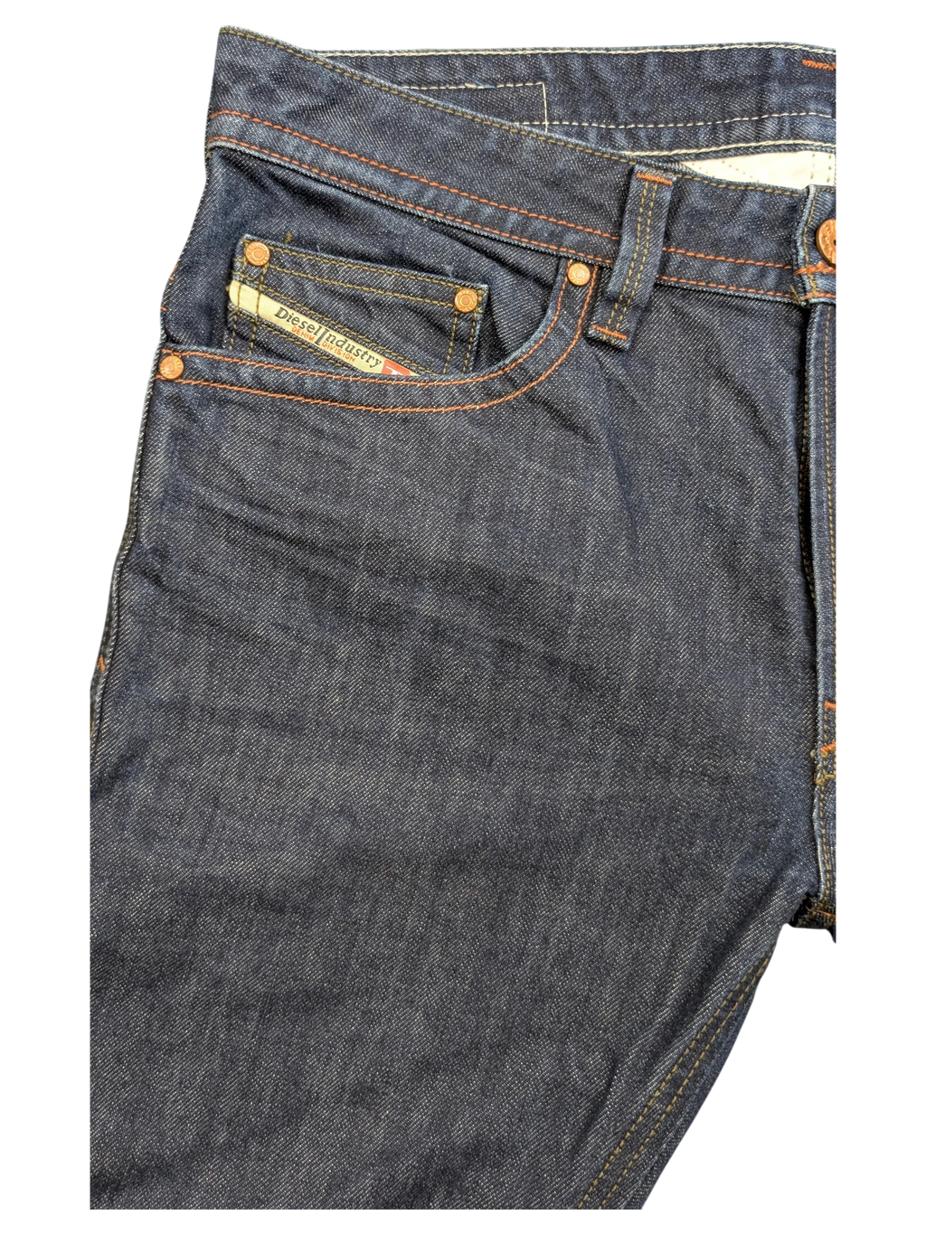 JAKE & IPI Diesel Thavar dark wash denim jeans with orange stitching and Diesel Industry logo patch.