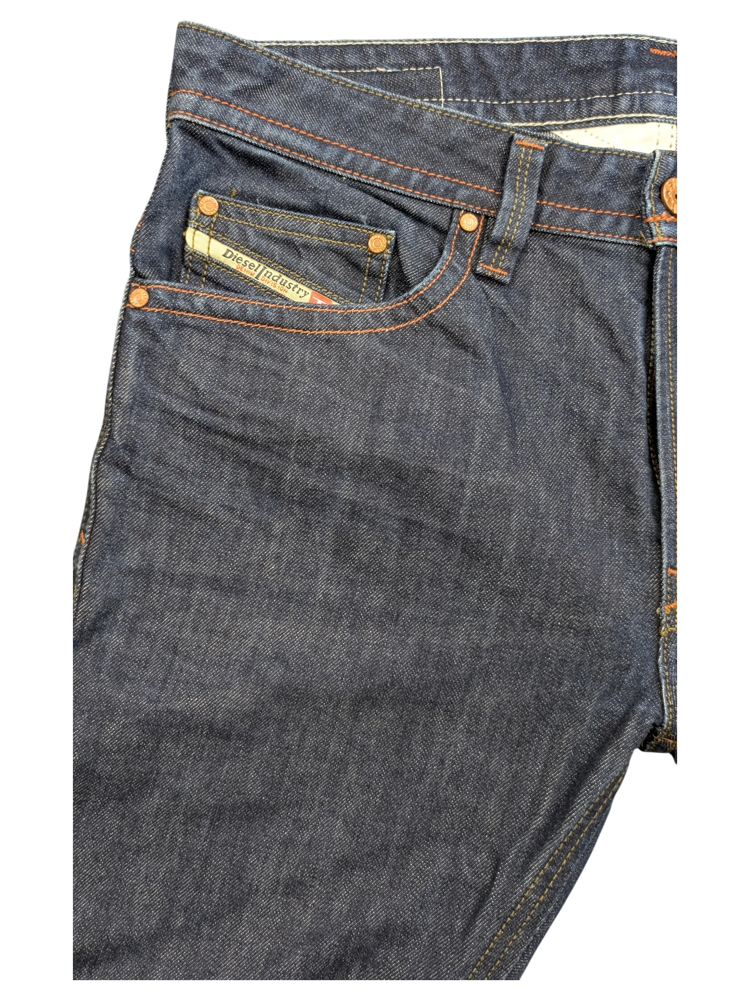 JAKE & IPI Diesel Thavar dark wash denim jeans with orange stitching and Diesel Industry logo patch.