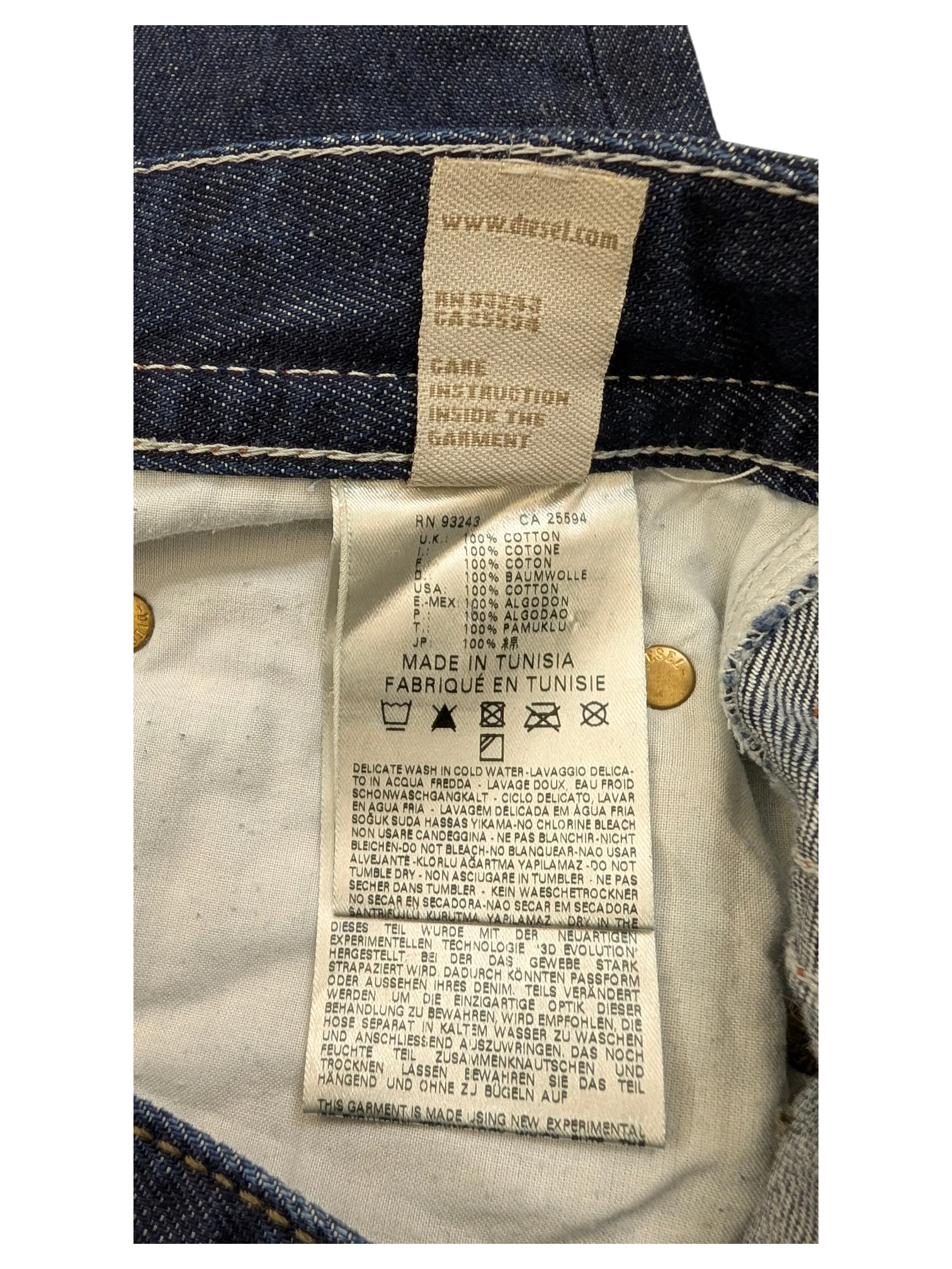 JAKE & IPI Diesel Thavar jeans, dark wash denim, made in Tunisia, 100% cotton.