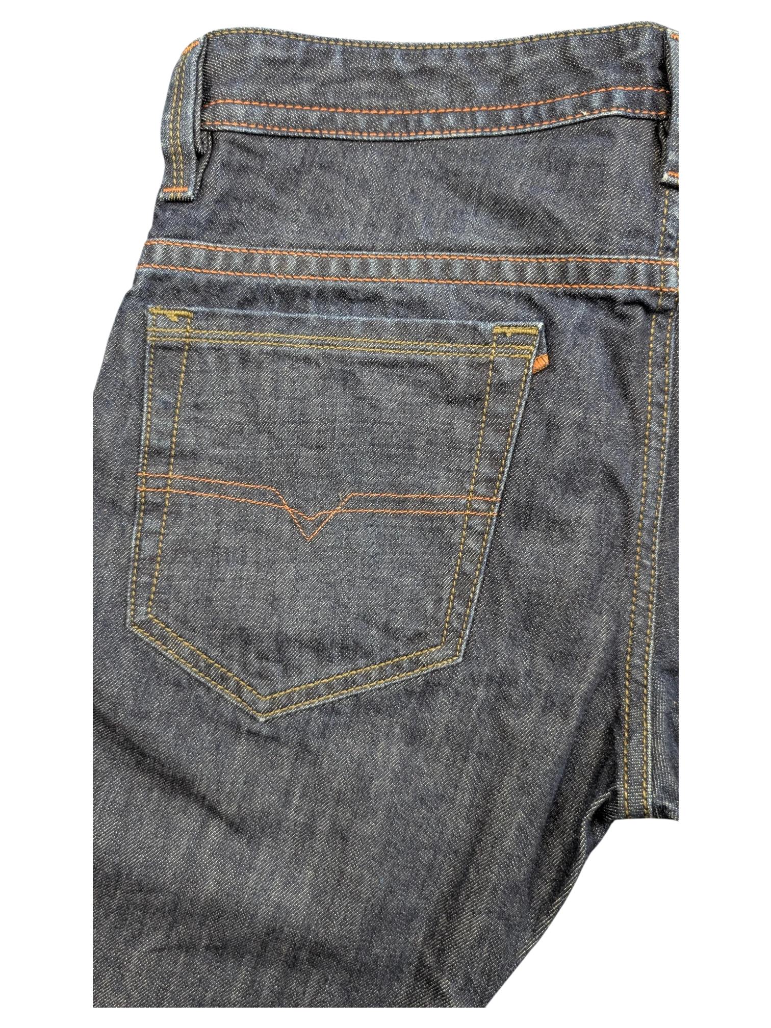 JAKE & IPI dark wash denim jeans with orange stitching and V-shaped back pocket detail