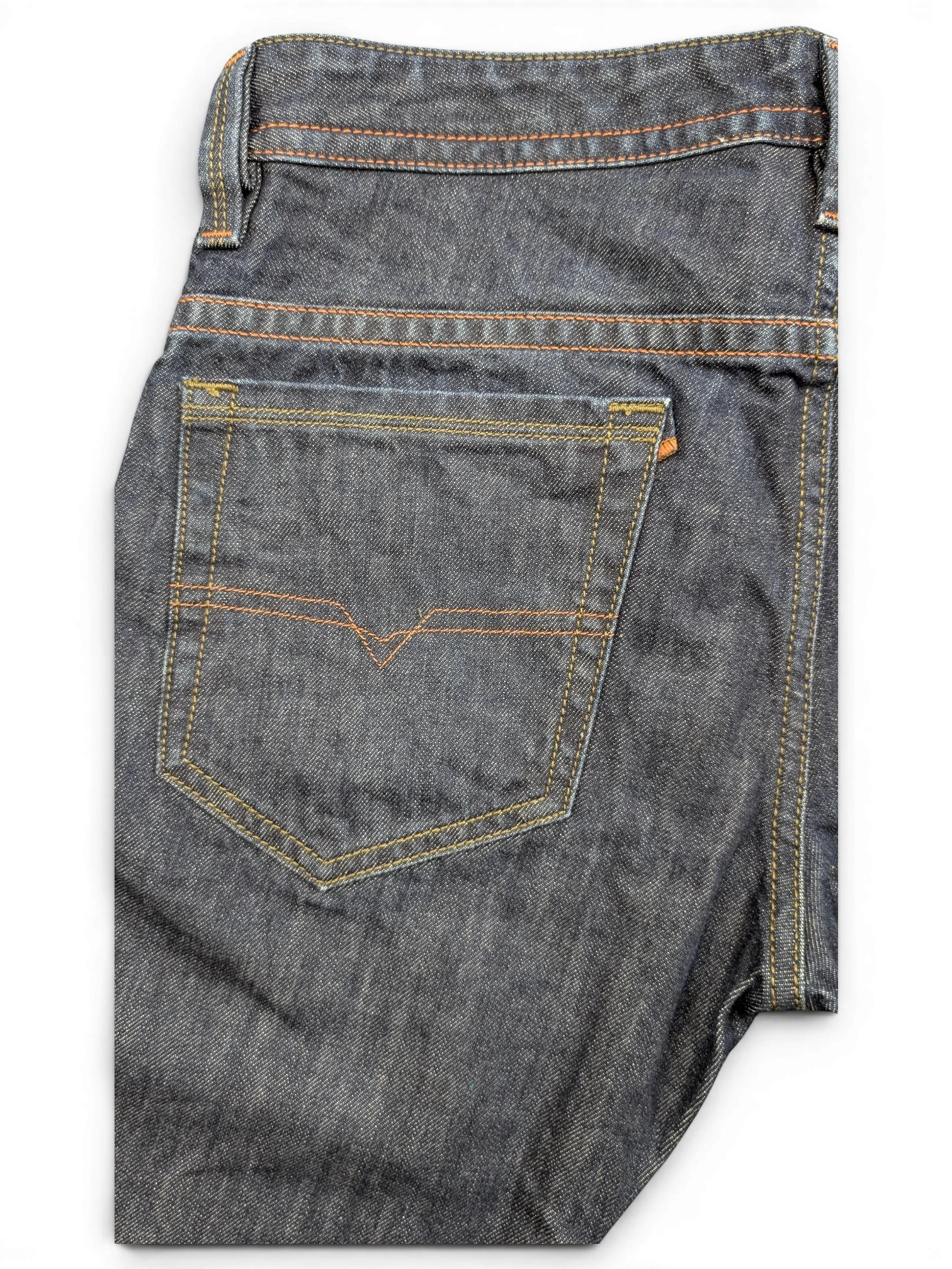 JAKE & IPI dark wash denim jeans with orange stitching and V-shaped back pocket detail