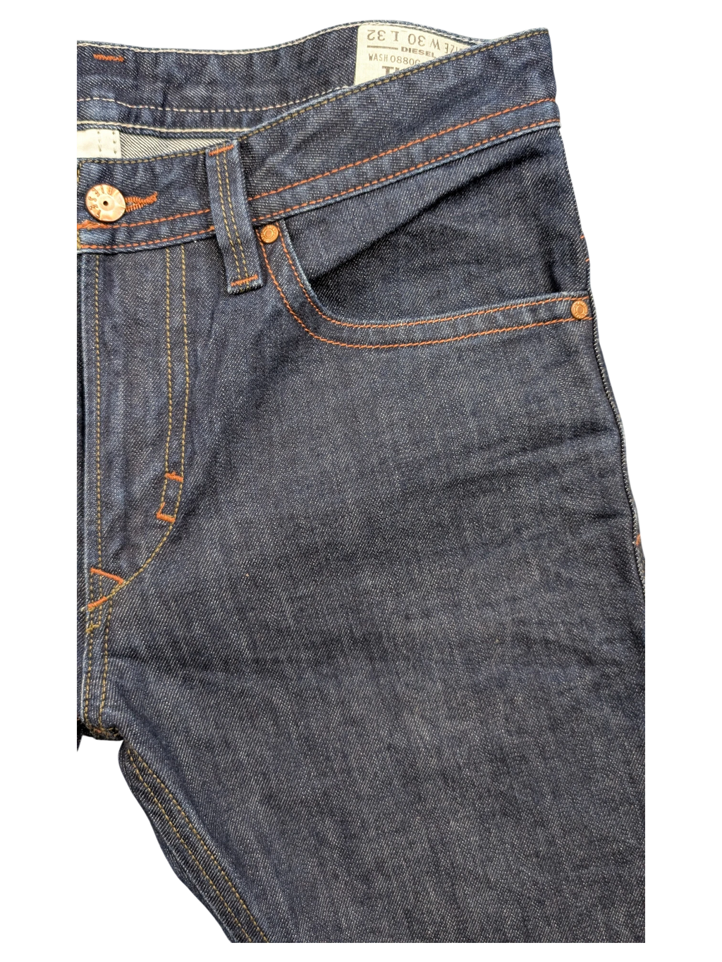 JAKE & IPI dark wash denim jeans with orange stitching and copper button details. Size W30 L32.