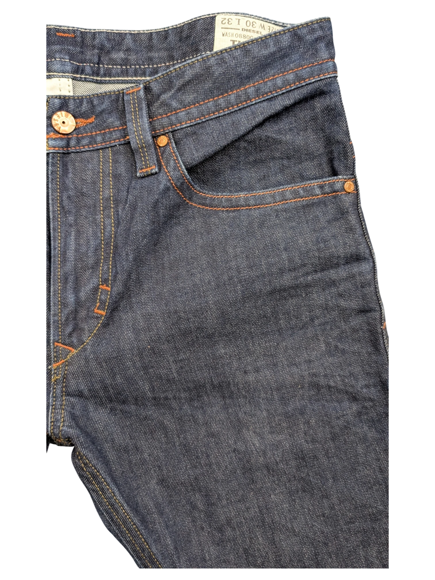 JAKE & IPI dark wash denim jeans with orange stitching and copper button details. Size W30 L32.