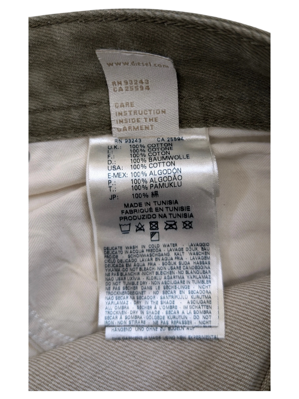 JAKE & IPI Diesel Thavar W34 L32 khaki cotton denim jeans with care instructions label.