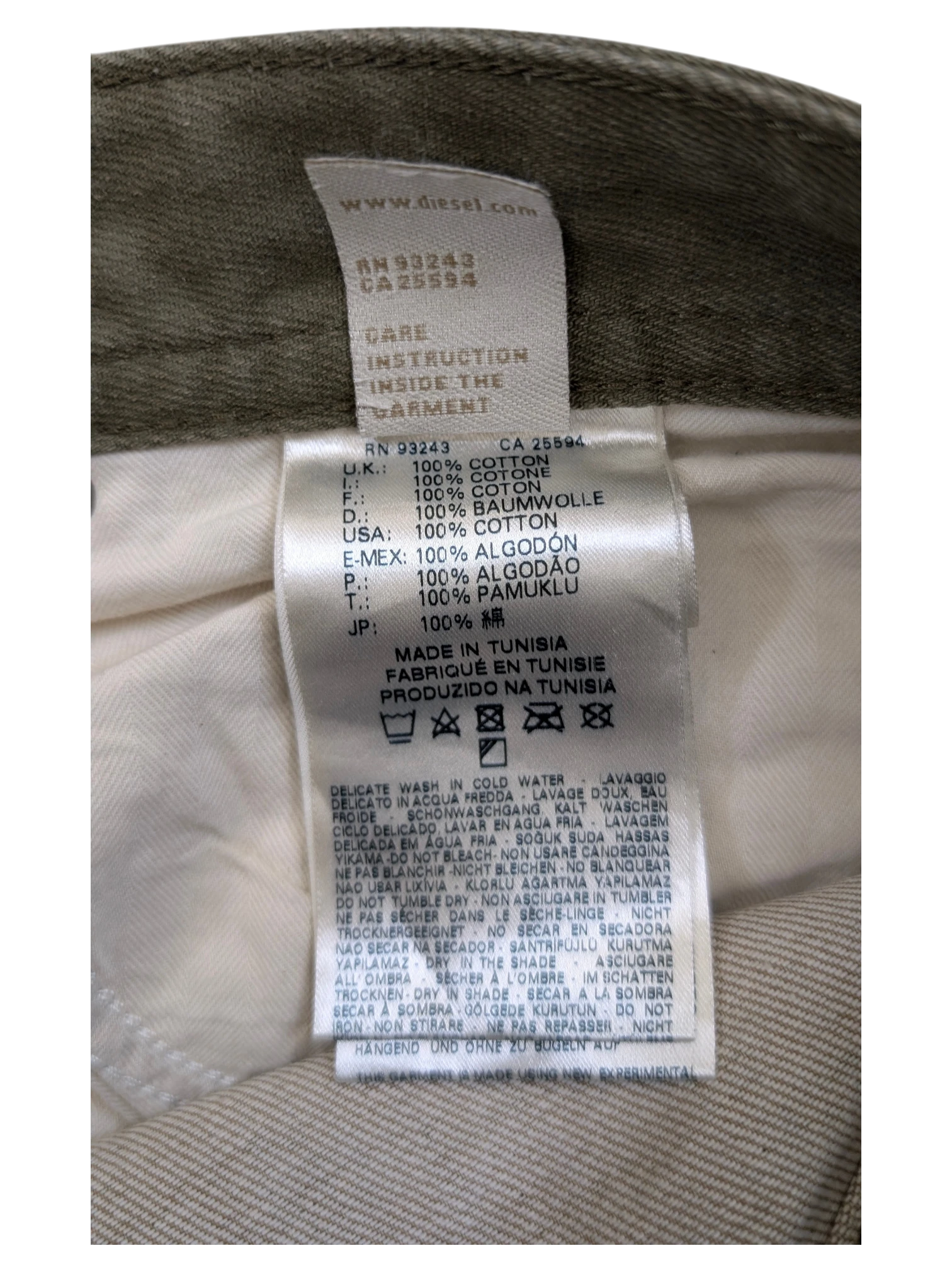 JAKE & IPI Diesel Thavar W34 L32 khaki cotton denim jeans with care instructions label.