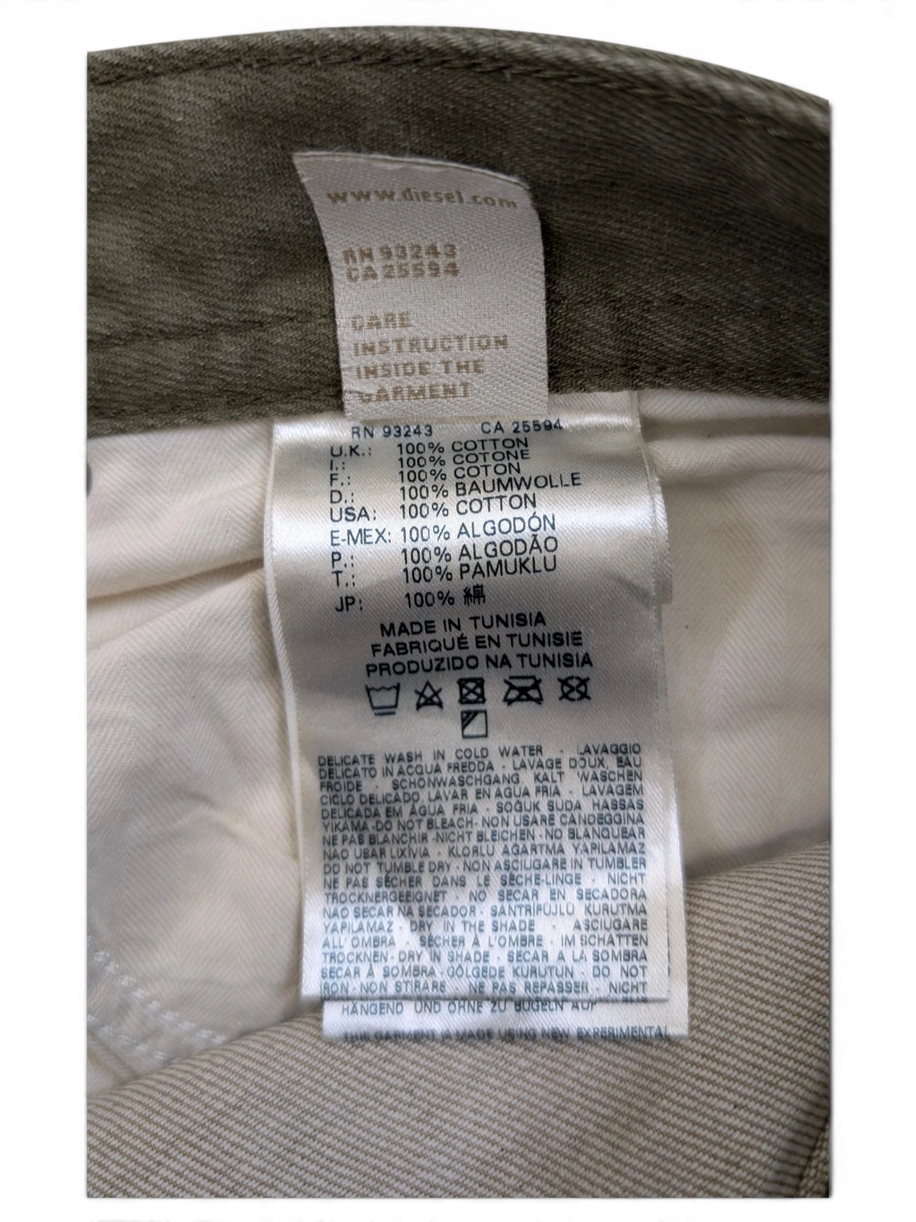 JAKE & IPI Diesel Thavar W34 L32 khaki cotton denim jeans with care instructions label.