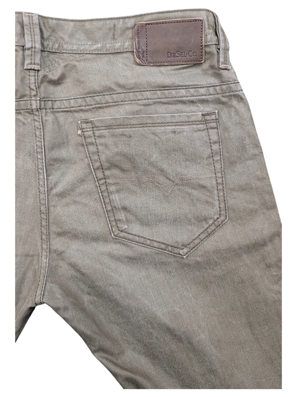 JAKE & IPI Diesel Thavar W34 L32 olive green cotton denim jeans with leather logo patch.
