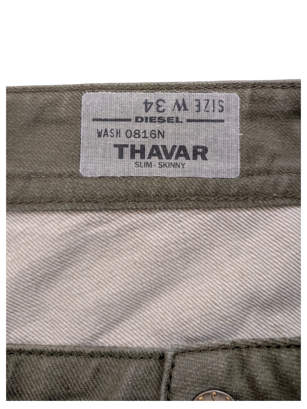 JAKE & IPI Diesel Thavar slim-skinny jeans in olive green, size W34 L32, wash 0816N.