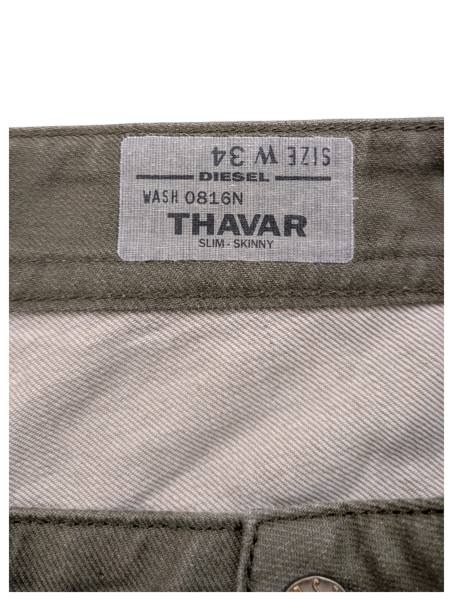 JAKE & IPI Diesel Thavar slim-skinny jeans in olive green, size W34 L32, wash 0816N.