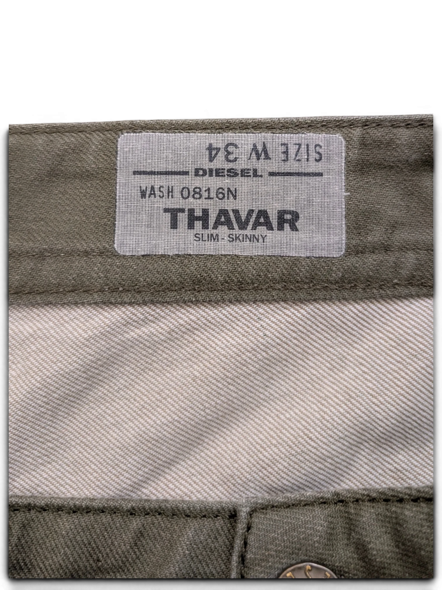 JAKE & IPI Diesel Thavar slim-skinny jeans in olive green, size W34 L32, wash 0816N.