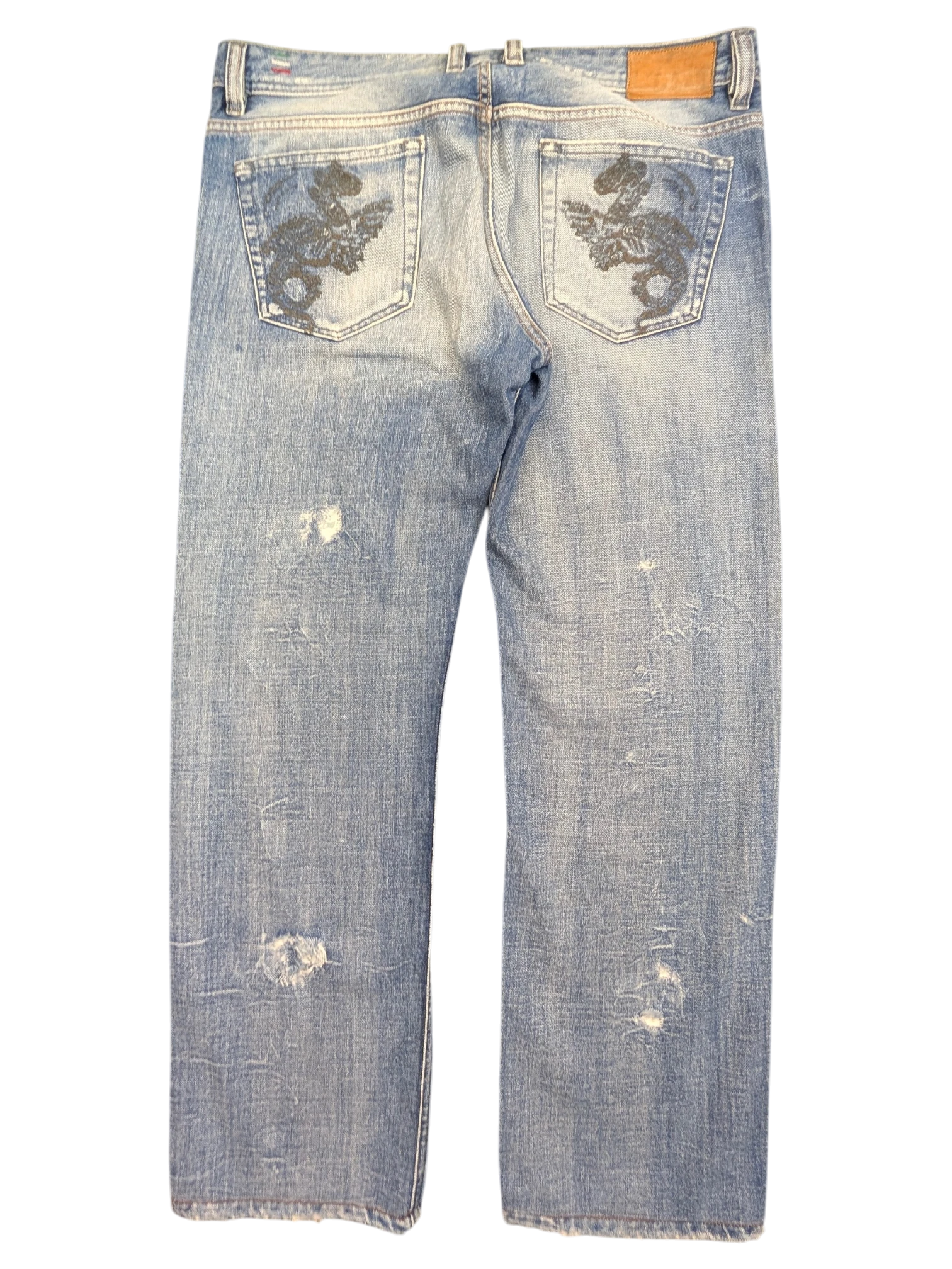 JAKE & IPI light wash denim jeans with distressed details and embroidered dragon design on back pockets. W36 L34.
