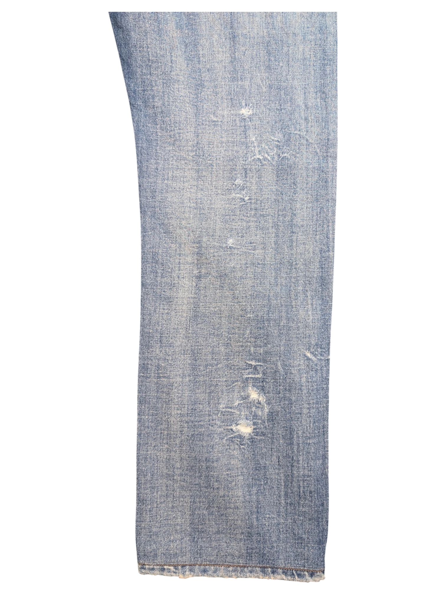 JAKE & IPI light wash denim jeans with distressed details and frayed hem. Straight leg fit.