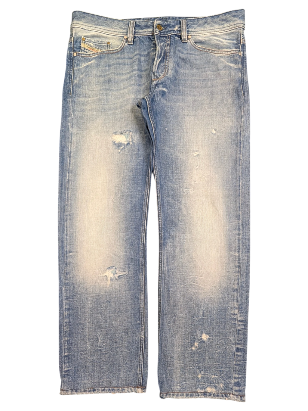 JAKE & IPI Diesel Viker light wash denim jeans with distressed details and raw hem. Size W36 L34.