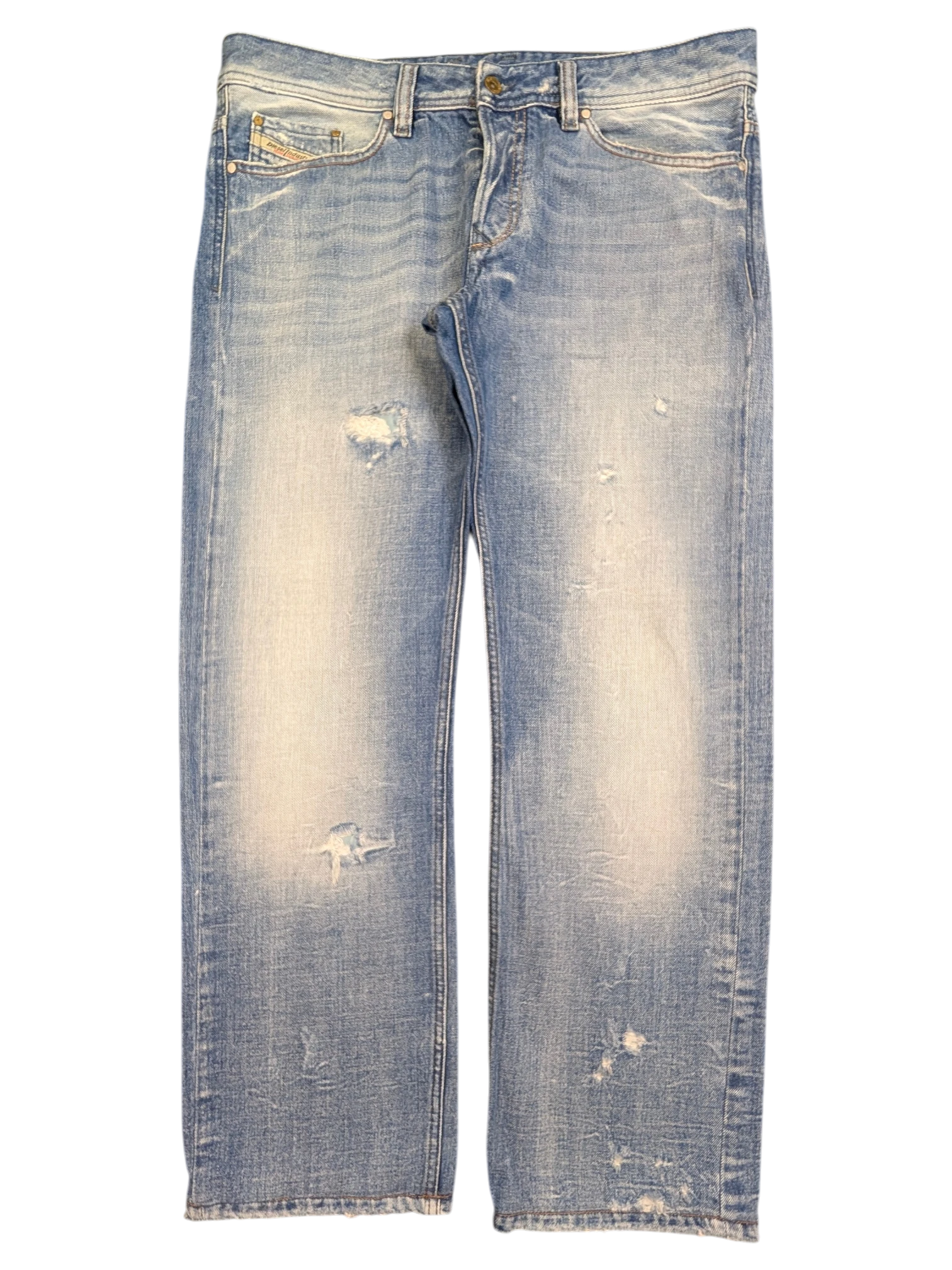 JAKE & IPI Diesel Viker light wash denim jeans with distressed details and raw hem. Size W36 L34.