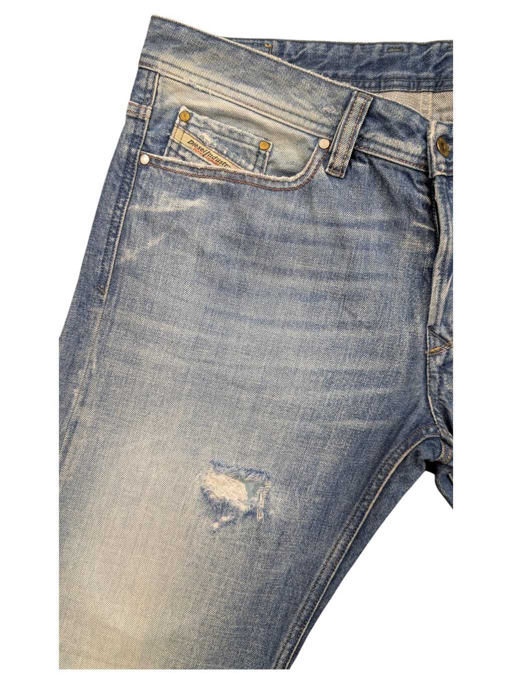 JAKE & IPI Diesel Viker light wash denim jeans with a distressed rip on the left leg and a coin pocket.