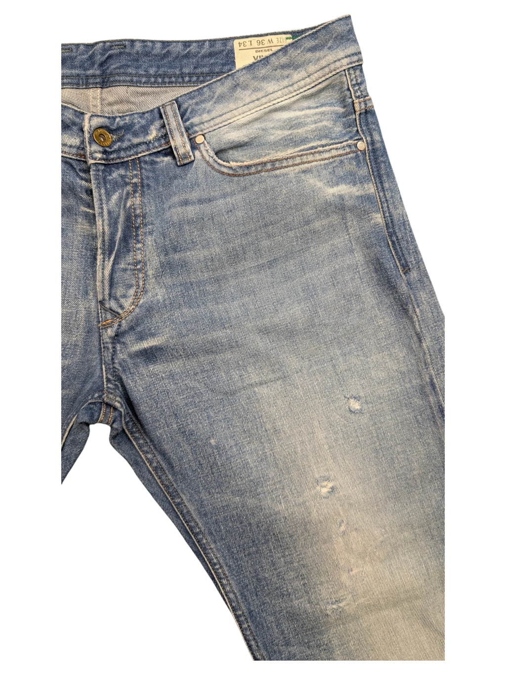 JAKE & IPI Diesel Viker jeans in light wash blue denim, size W36 L34, with distressed details and subtle rips.