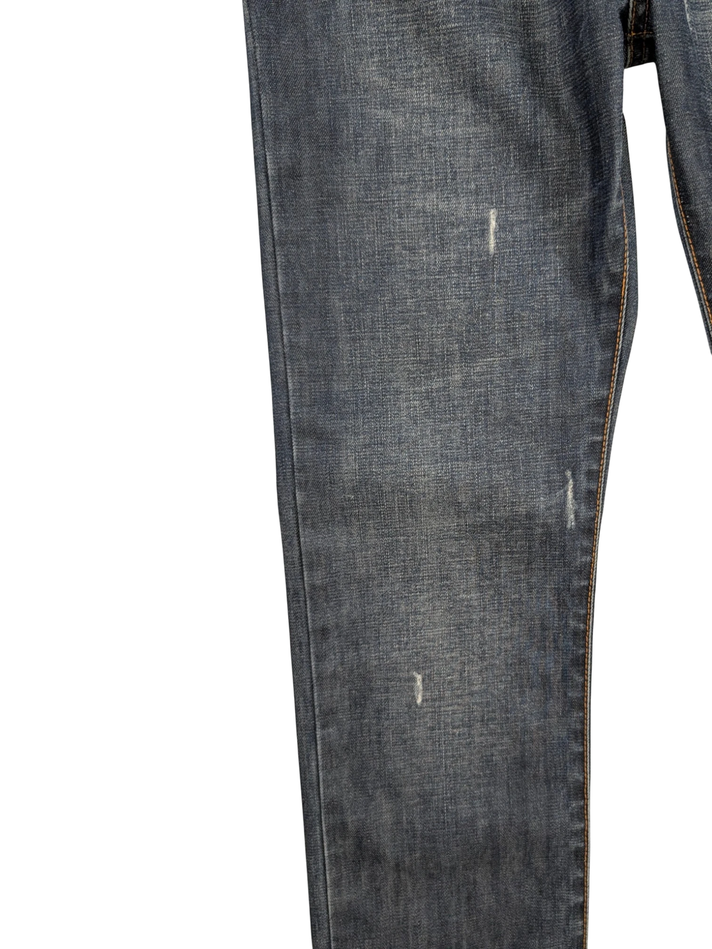 JAKE & IPI medium-wash blue denim straight-leg jeans with contrast tobacco stitching and distressed details.