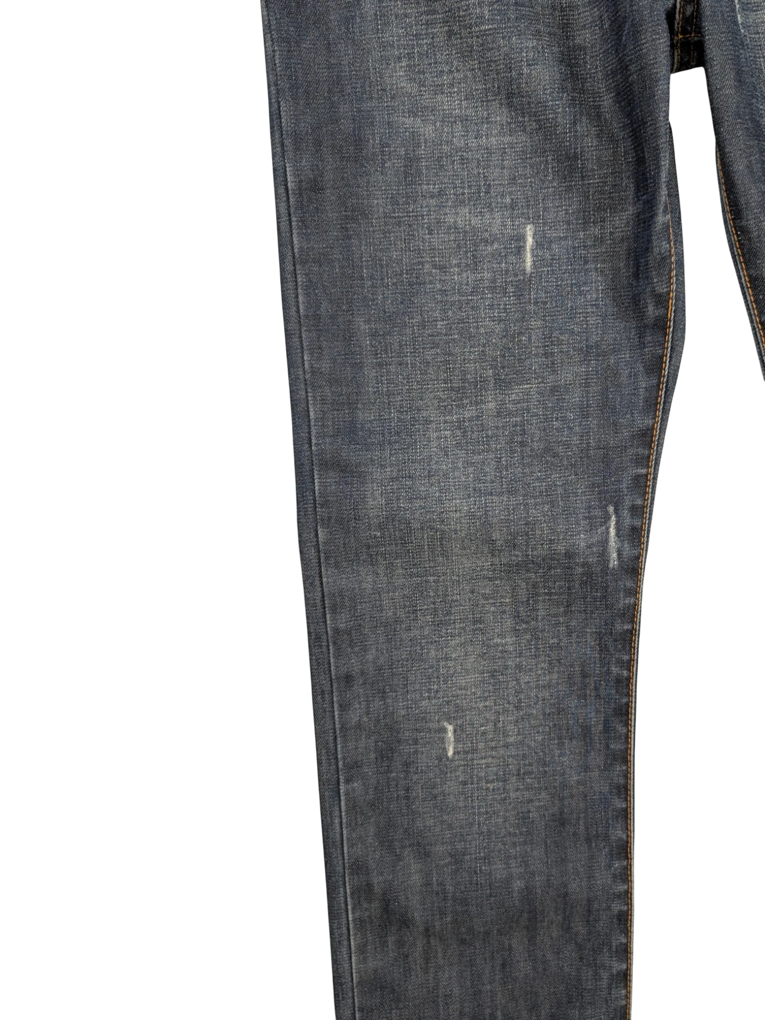 JAKE & IPI medium-wash blue denim straight-leg jeans with contrast tobacco stitching and distressed details.