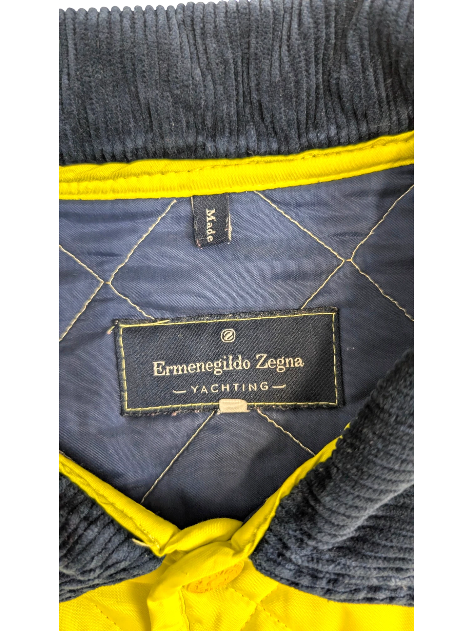 JAKE & IPI Vintage Ermenegildo Zegna Yachting quilted jacket in bright yellow with navy corduroy collar and lining.