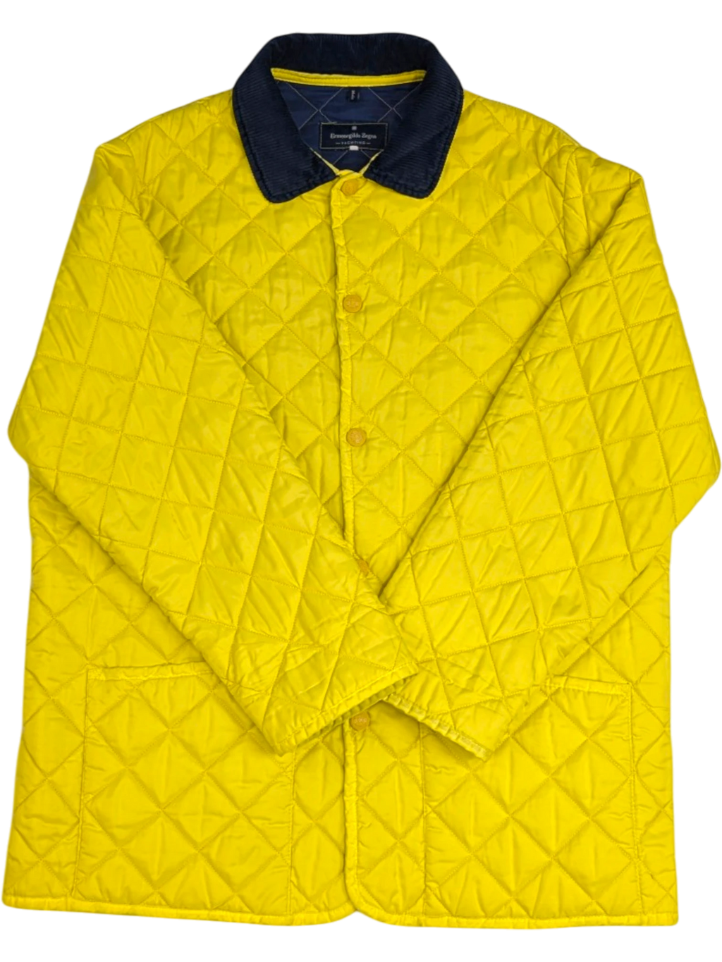 JAKE & IPI Vintage Ermenegildo Zegna Yachting quilted jacket in bright yellow with navy corduroy collar. Size L.