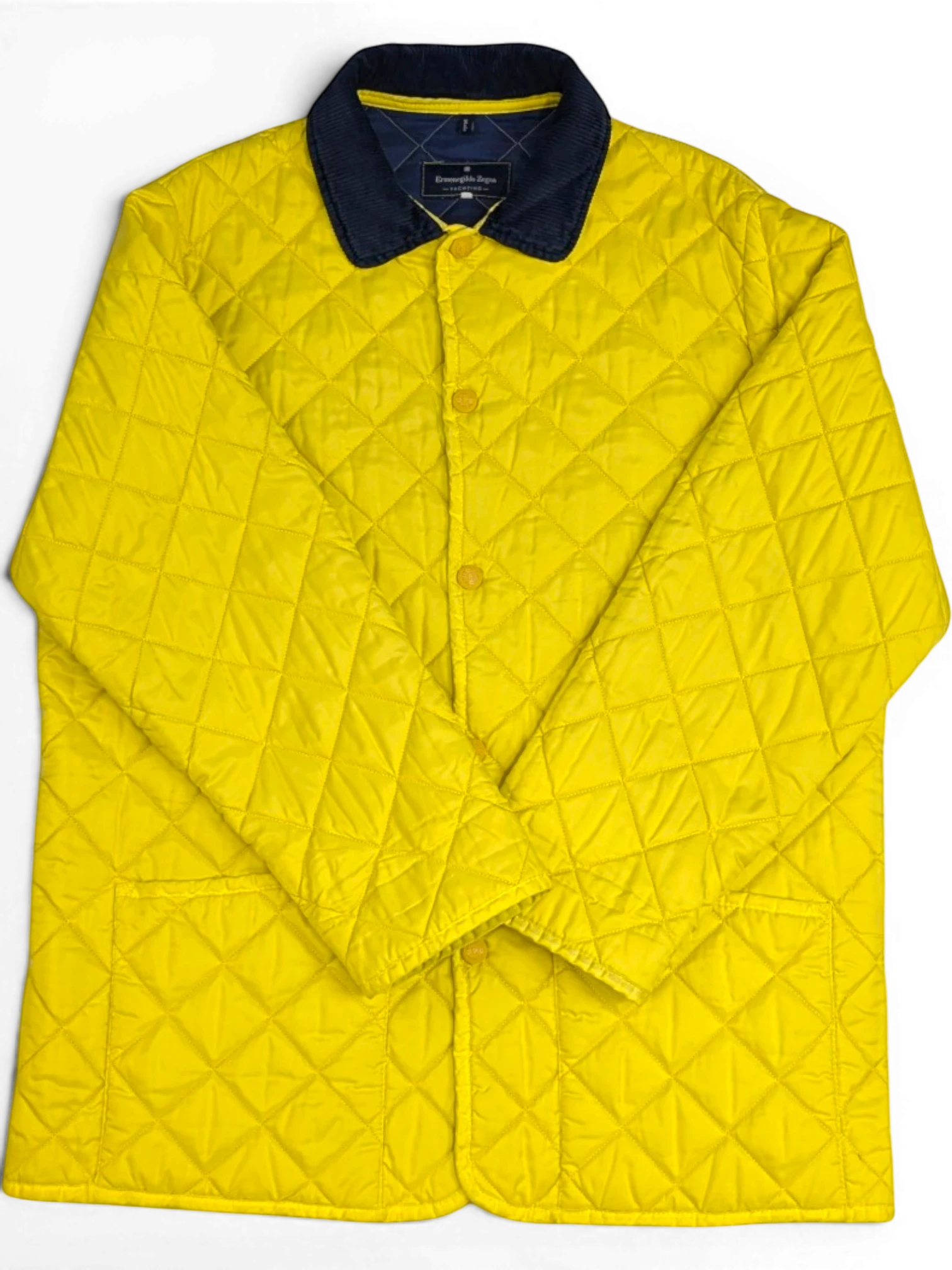 JAKE & IPI Vintage Ermenegildo Zegna Yachting quilted jacket in bright yellow with navy corduroy collar. Size L.