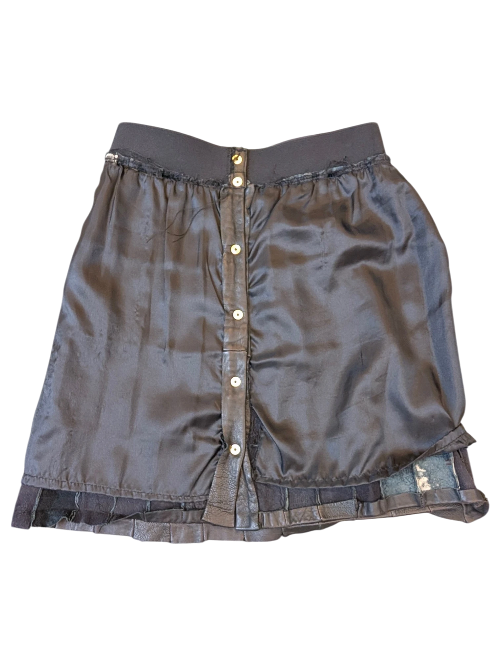 JAKE & IPI black paneled faux leather mini skirt with a button-front closure and elastic waistband.
