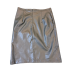 JAKE & IPI Staccato black faux leather midi skirt with a back zipper and tailored dart detailing.