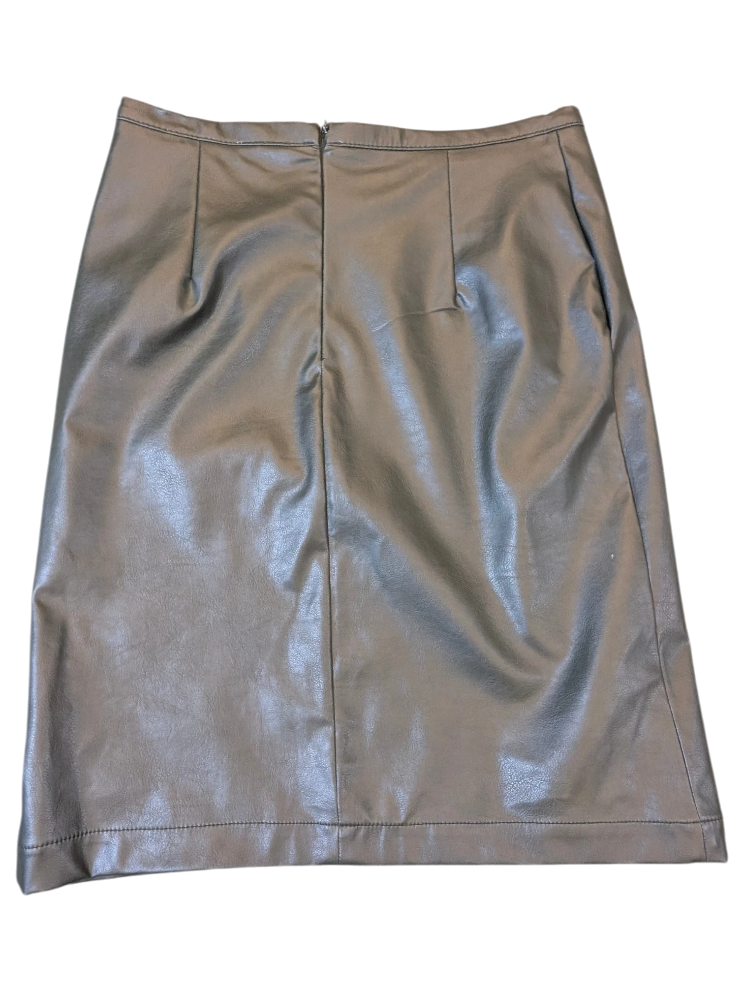 JAKE & IPI Staccato black faux leather midi skirt with a back zipper and tailored dart detailing.
