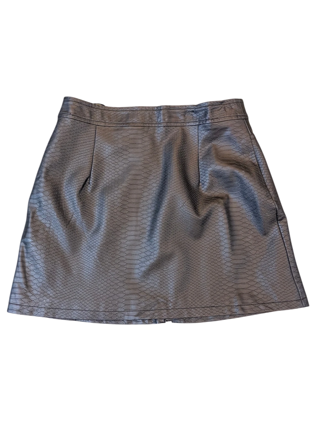 JAKE & IPI Costes black faux leather mini skirt with a textured snakeskin pattern and front zip closure.
