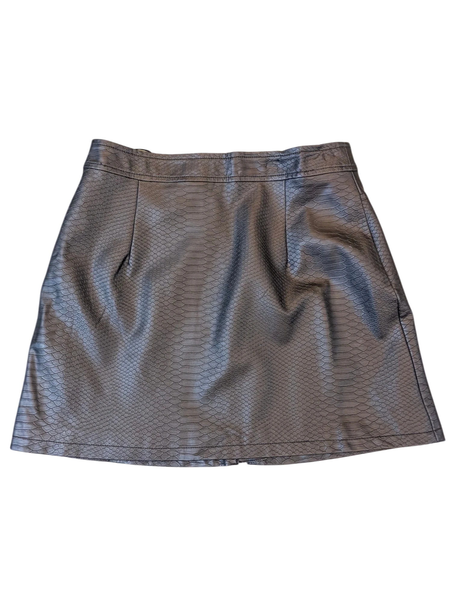 JAKE & IPI Costes black faux leather mini skirt with a textured snakeskin pattern and front zip closure.