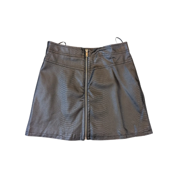 JAKE & IPI Costes black faux leather mini skirt with a snakeskin texture and a full-length front silver zipper.
