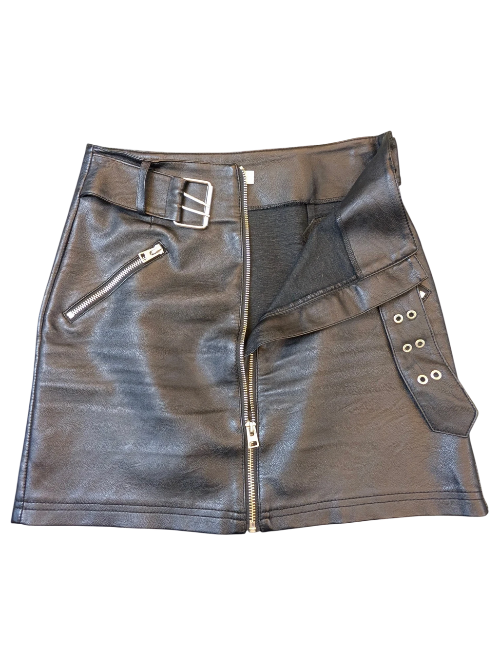 Topshop black faux leather mini skirt with a front zipper, belted waist, and silver hardware from JAKE & IPI.