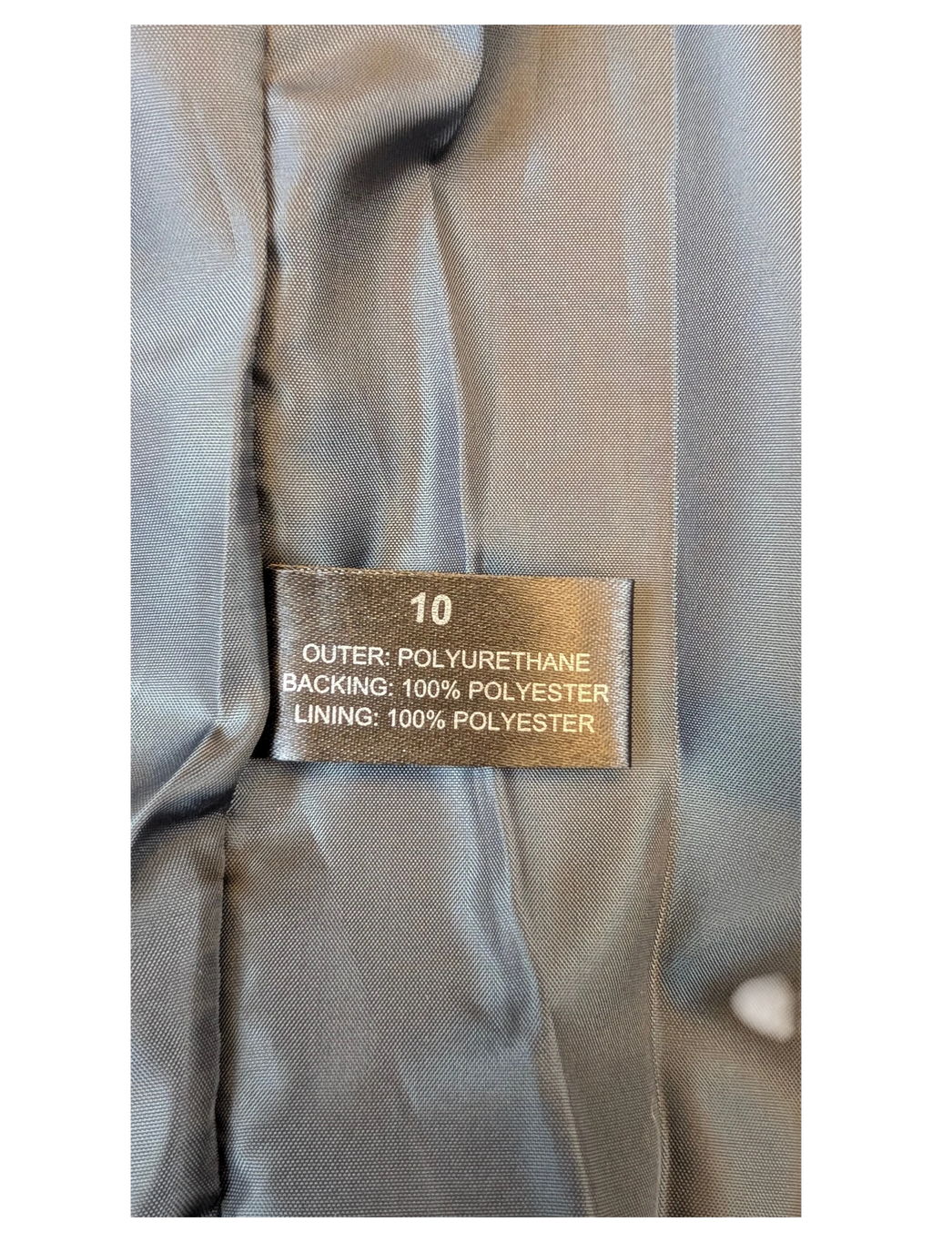 JAKE & IPI Gray & Willow faux leather pencil skirt size 10 clothing label showing polyurethane and polyester fabric