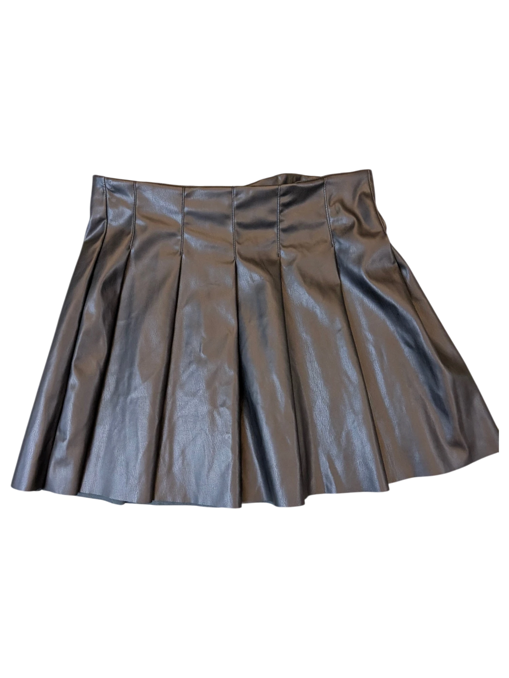 JAKE & IPI Urban Bliss black faux leather pleated mini skirt with a flared silhouette.