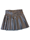 JAKE & IPI black faux leather pleated mini skirt with a smooth finish and side zipper closure.