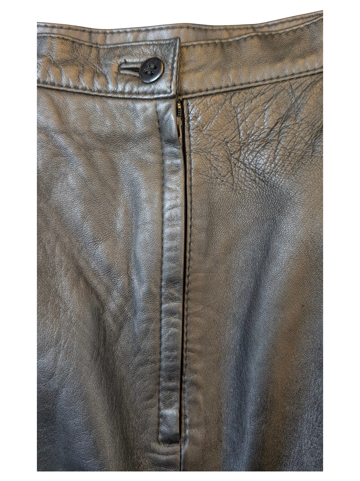 JAKE & IPI Giorgio Mobiani black leather skirt featuring a button closure and a front zipper fly detail.