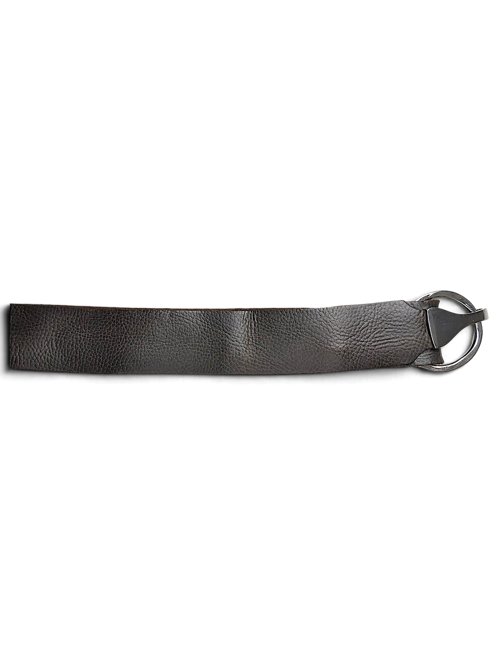 JAKE & IPI grey textured leather belt featuring a silver-tone metal hook and large circular ring buckle.