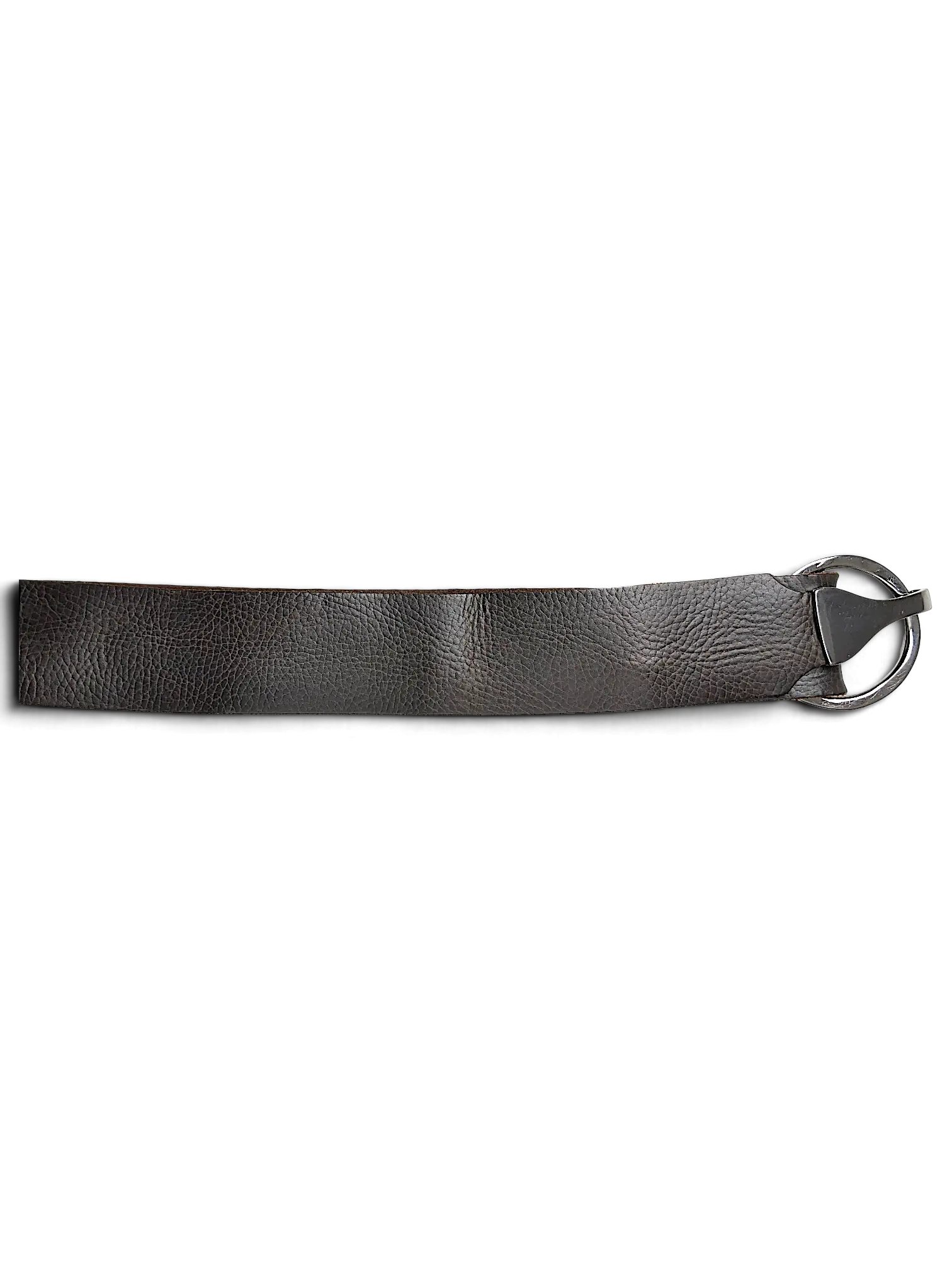 JAKE & IPI grey textured leather belt featuring a silver-tone metal hook and large circular ring buckle.