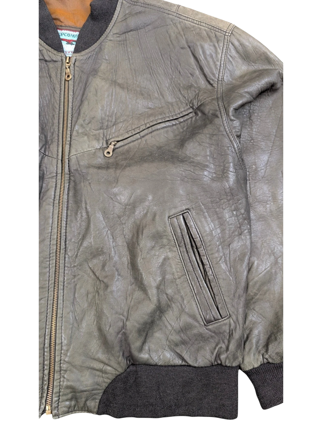 JAKE & IPI grey distressed leather bomber jacket with zip pockets and ribbed cuffs.
