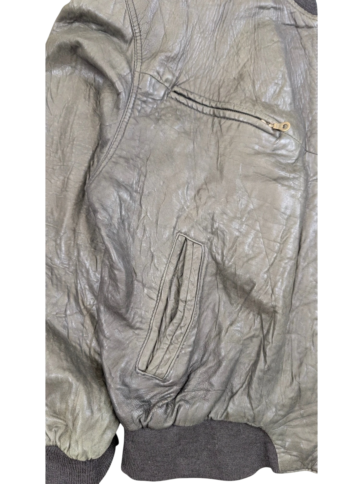 JAKE & IPI grey distressed leather bomber jacket with zip pocket and ribbed cuffs.