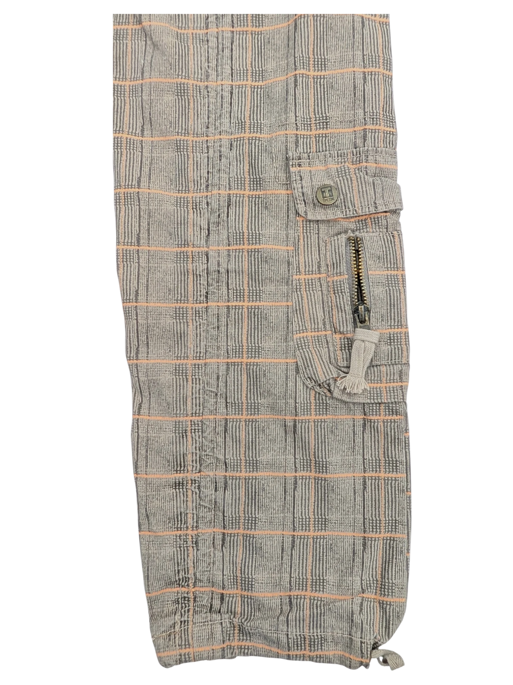 JAKE & IPI grey and peach plaid cargo pants with zip pocket and button flap pocket.