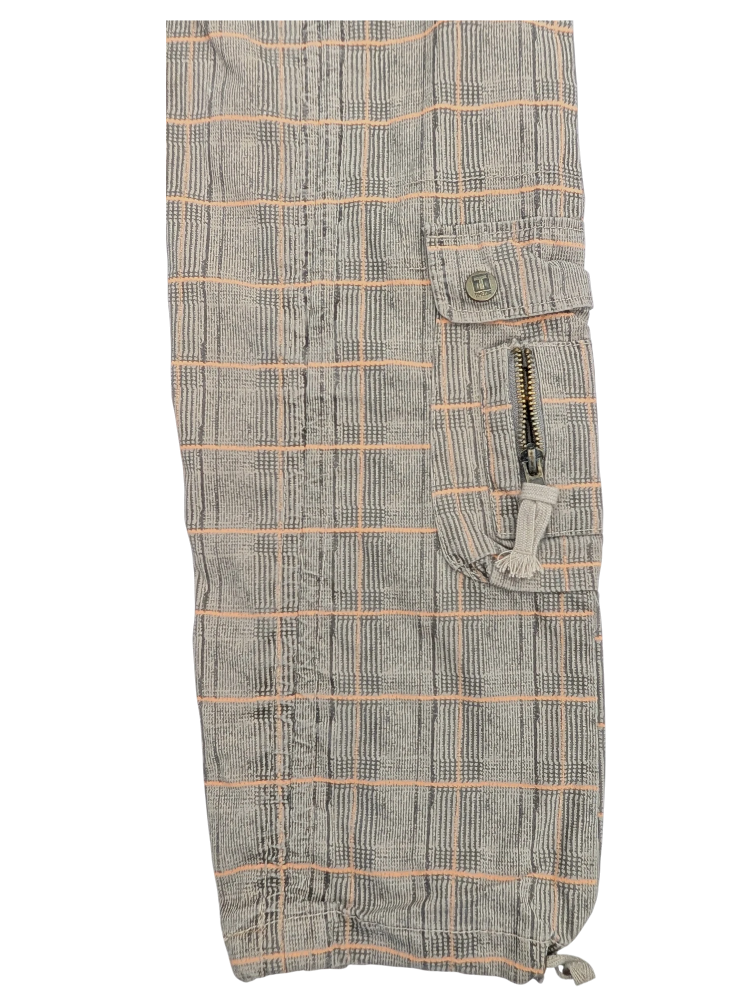 JAKE & IPI grey and peach plaid cargo pants with zip pocket and button flap pocket.