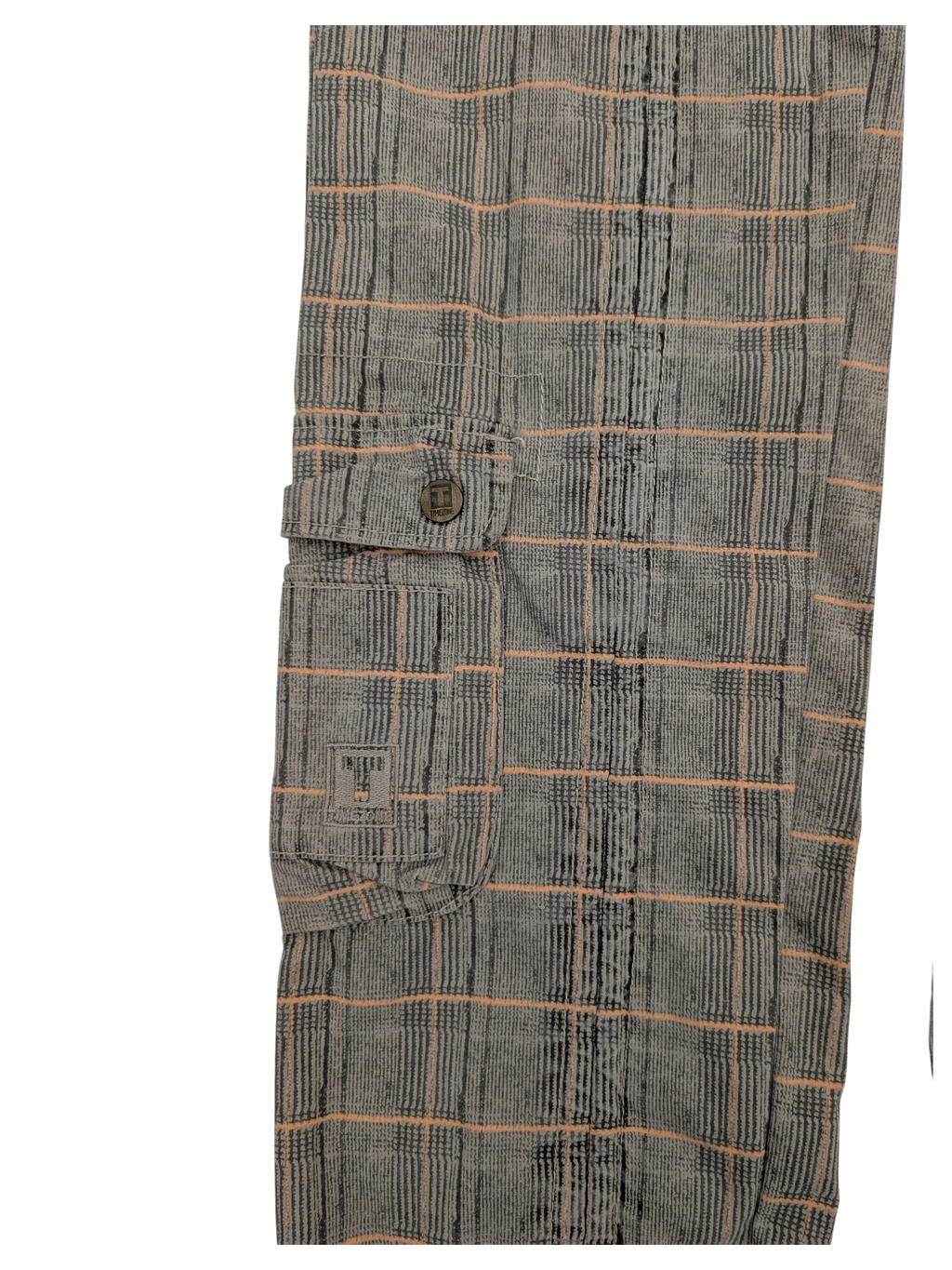 JAKE & IPI grey plaid cargo pants with orange and black lines, featuring a button flap pocket.