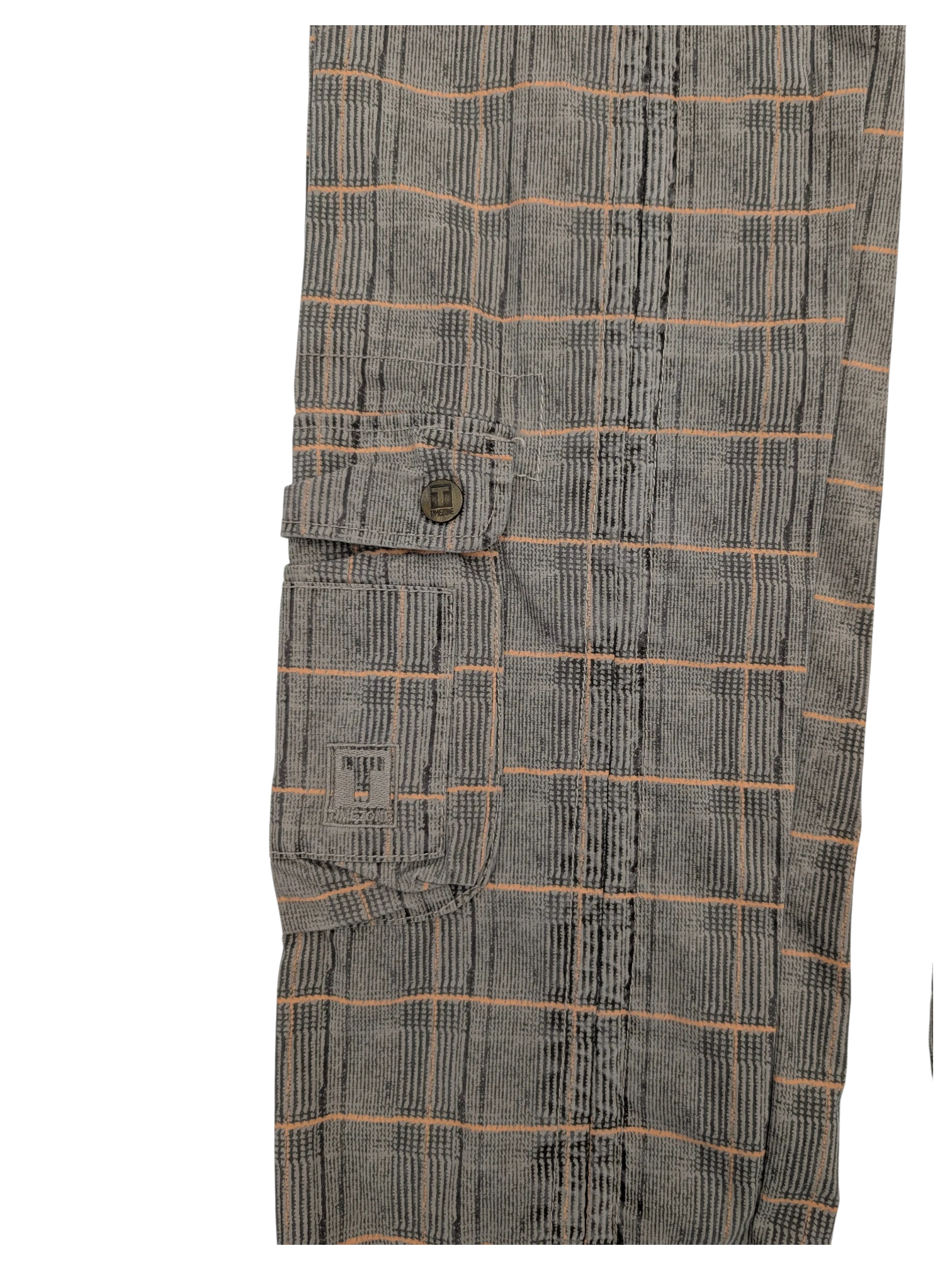 JAKE & IPI grey plaid cargo pants with orange and black lines, featuring a button flap pocket.