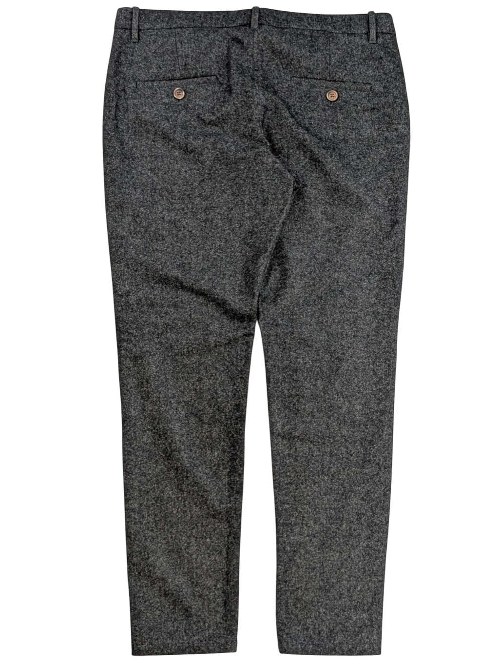 JAKE & IPI grey mélange wool blend flannel tailored trousers with rear welt pockets and horn-style buttons. Size IT 44.