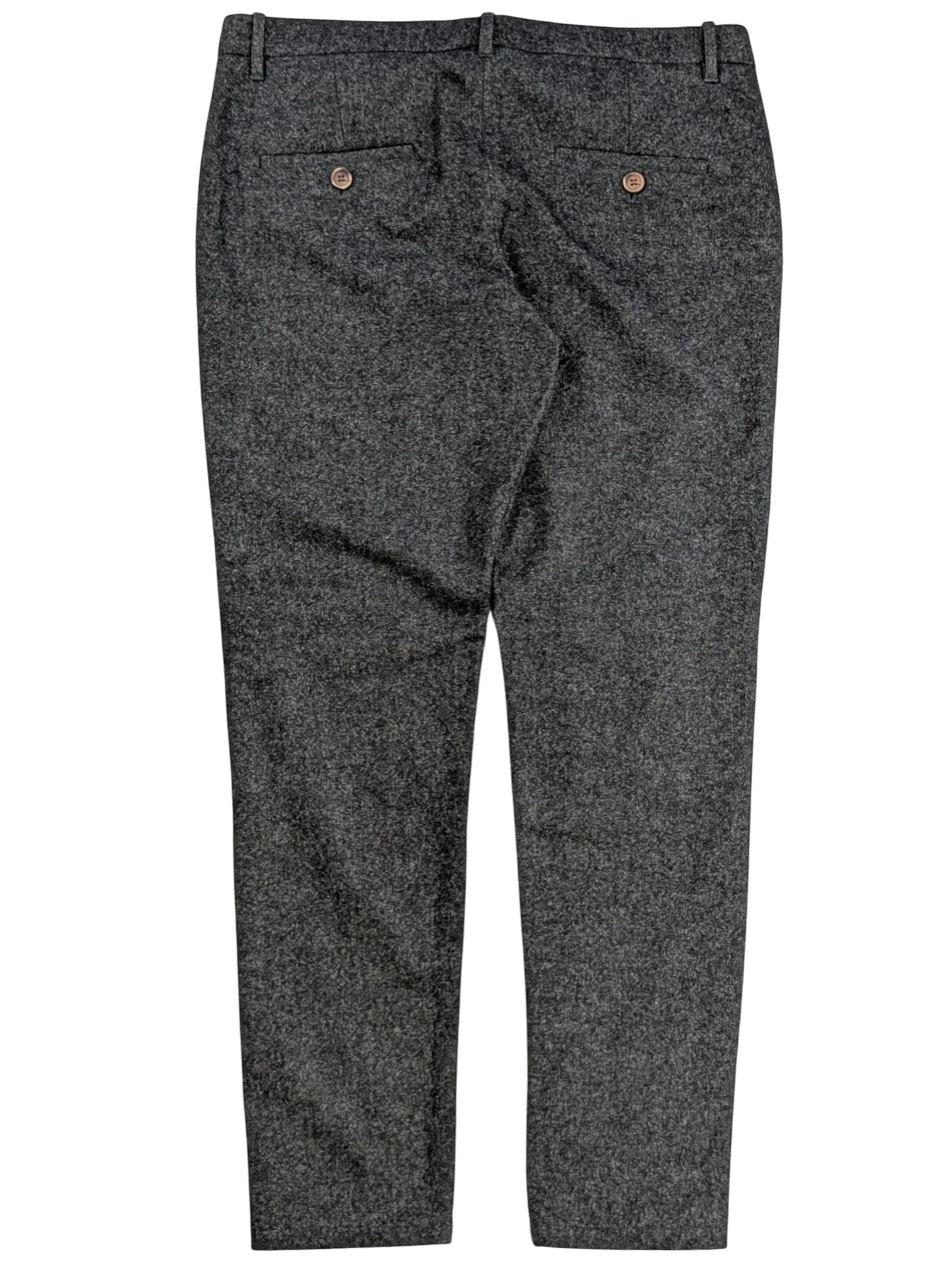 JAKE & IPI grey mélange wool blend flannel tailored trousers with rear welt pockets and horn-style buttons. Size IT 44.