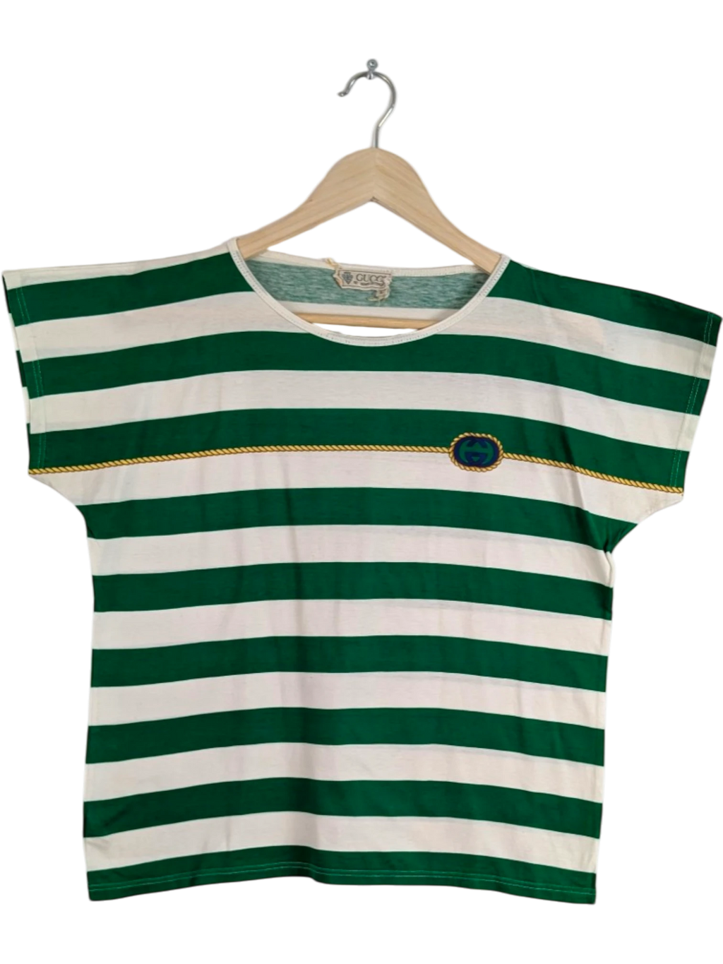 JAKE & IPI vintage 70s/80s Gucci green and white striped cotton t-shirt with GG emblem and rope detail. Size L.